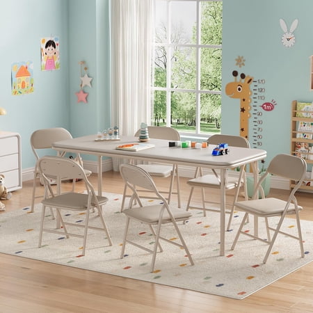 7 Pcs Kids Folding Table and Chairs Set Activity Play Table with 6 PU Leather Chairs Portable No Assembly Furniture for Daycare Classroom Playroom