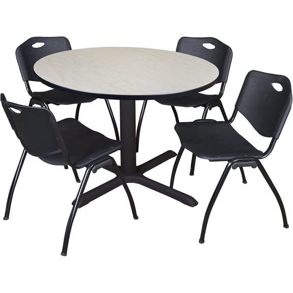 Round Breakroom Table & Chairs Set - 48" Table - 4 Stack Chairs - Black - Office Dining Furniture