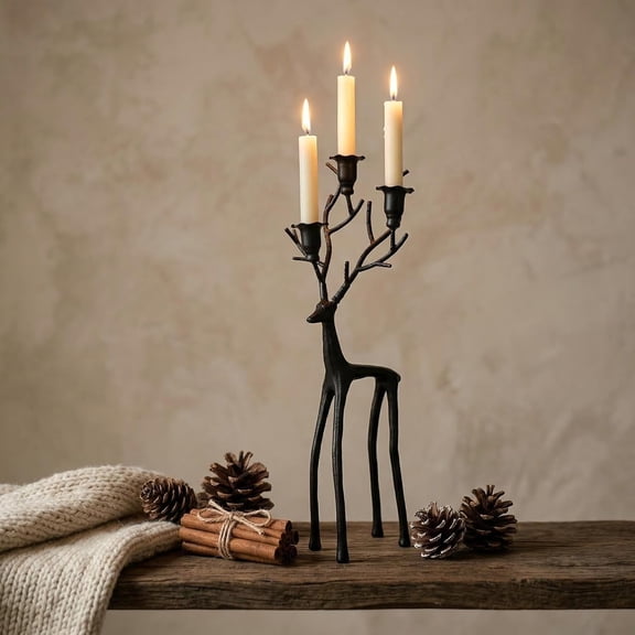 Vintage Black Reindeer Candle Holder, Metal Candlestick Stand for Taper and Pillar Candles, Christmas Table Centerpiece and Mantel Holiday Home Decor
