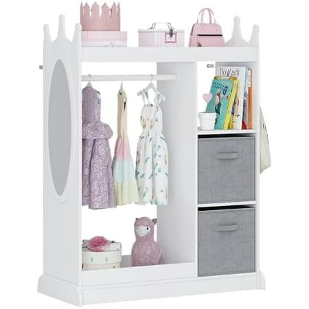 Kids Play Armoire with Mirror, Storage Bins and Closet for Dress Up and Costumes (White)