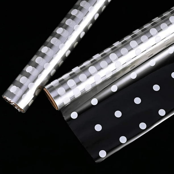 Envoltura de celofán con lunares blancos para cestas, 2 rollos de 15 m x 41 cm, ideal para regalos de cumpleaños y cestas de Pascua.