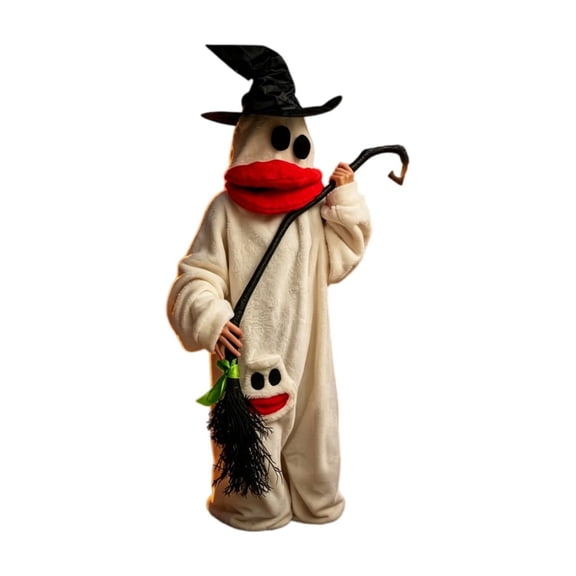 Funny White Ghost Onesie Halloween Costume – Adult Jumpsuit with Witch Hat, Big Red Lips (White)
