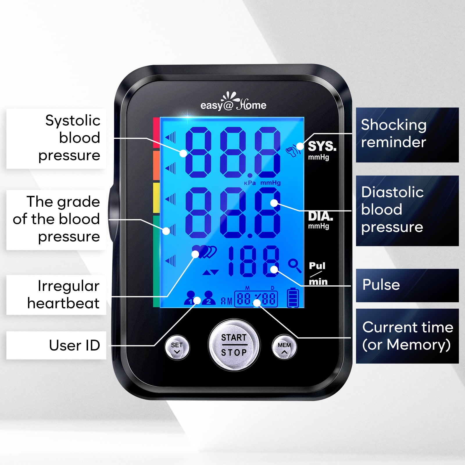 Easy@Home Automatic Upper Arm Blood Pressure Monitor EBP-095 with 3 Color Backlit Display and Accessories