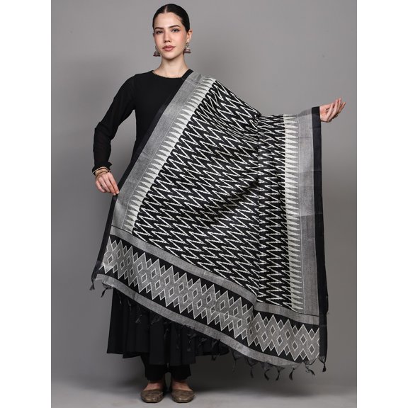 Silk Dupatta with Printed Zig-Zag Pattern and Temple Border Black Onyx
