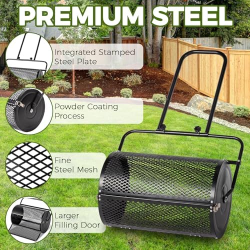 24 Inch Compost Lawn Spreader,Durable and Lightweight Fertilizer Spreaders,Garden Peat Moss Roller,Metal Mesh Roller Lawn Spreader,with Double Side Latches,for Lawn Garden Yard Care (Black)