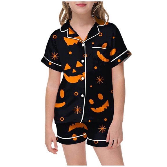 Tfken Halloween Girls Pajama Sets 2 Piece Sleepwear Nightwear Festival Halloween Pajamas Shirt With Shorts Set Homewear Button Short Sleeve Teen Soft Loungewear Outfit Size 2-3 Years Beige