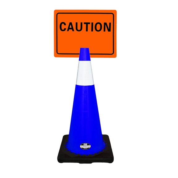 RK-Safety 28" Blue Cone, Black base With One 6" Reflective Tape, Plus Cone Sign 23 "Caution", (Cone-2 ea Cone Sign-2 ea)