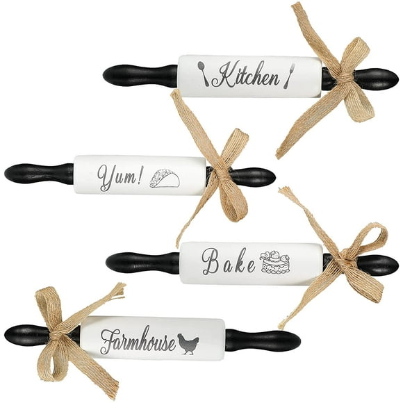 4 Pieces Mini Wooden Rolling Pins Tiered Tray Decor Farmhouse Kitchen Wood Rustic Country Decor Kitchen Bake Yum Decor Sign for Tiered Tray Home Decor