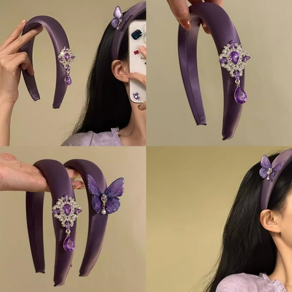2pcs Retro Purple Butterfly Headband Women's Niche Design Satin Headband High Cranial Pressure Hairpin Hair Accessories