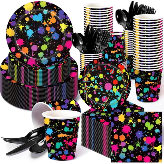CC HOME Splashing Paint Paper Tableware set Serves 16-People Disposable Paper Plates Cups Napkins for Birthday Wedding Baby Shower Party Decor Supplies