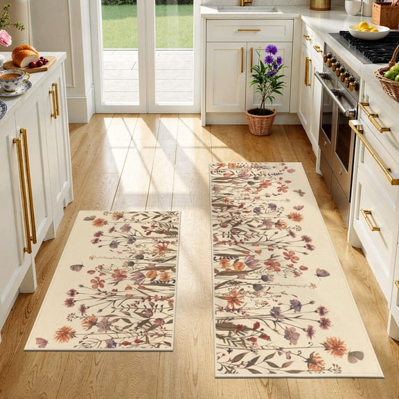 Findosom Floral Non-Slip Kitchen Rugs Set of 2,Washable Kitchen Mat Farmhouse Kitchen Floor Mats Runner for Home Sink Entrance Laundry Hallway,20"x32" 20"x47" Brown