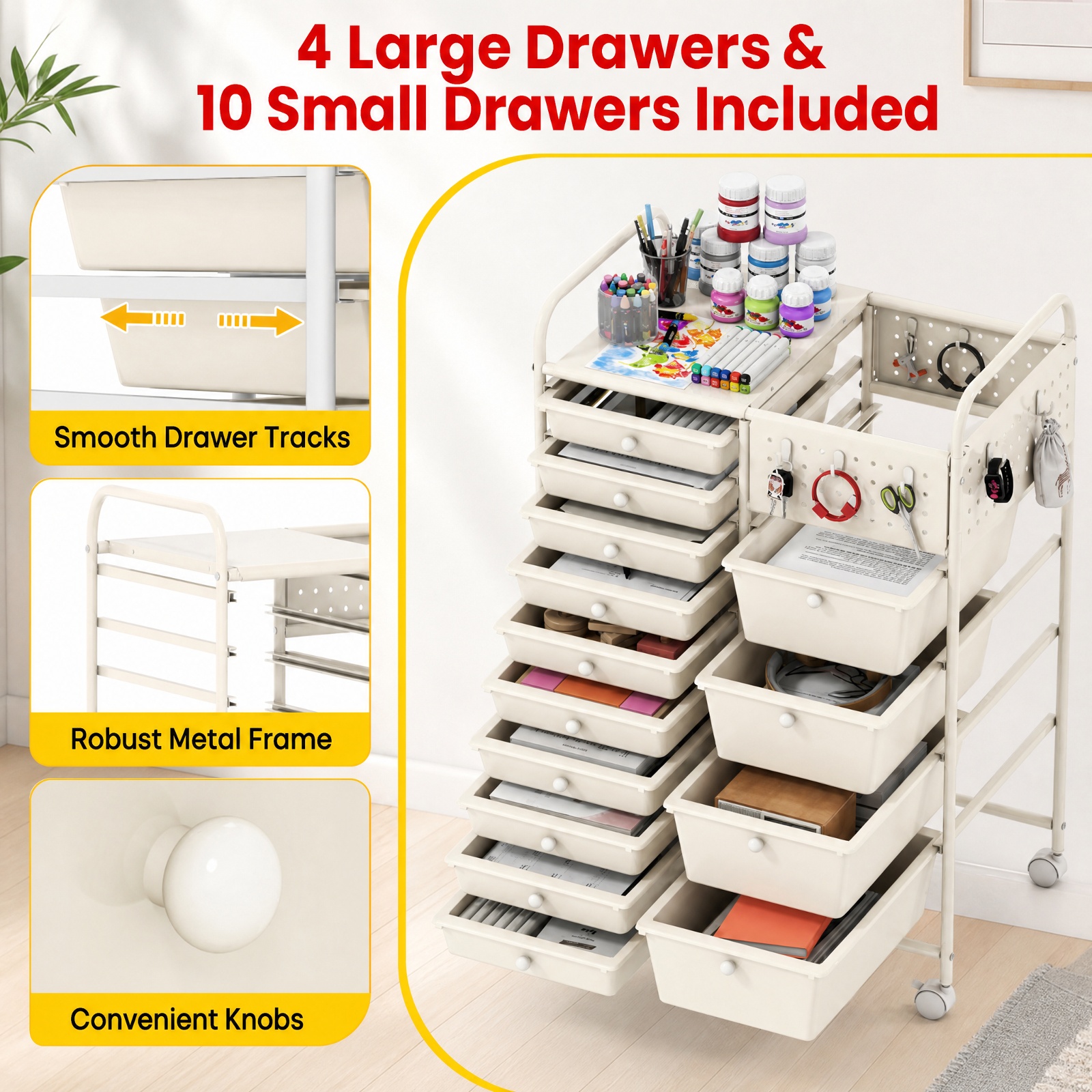 Furnibear 14 Drawer Rolling Storage Cart with Metal Tabletop Pegboard and Locking Wheels for Kitchen Office and Classroom Organizing, White