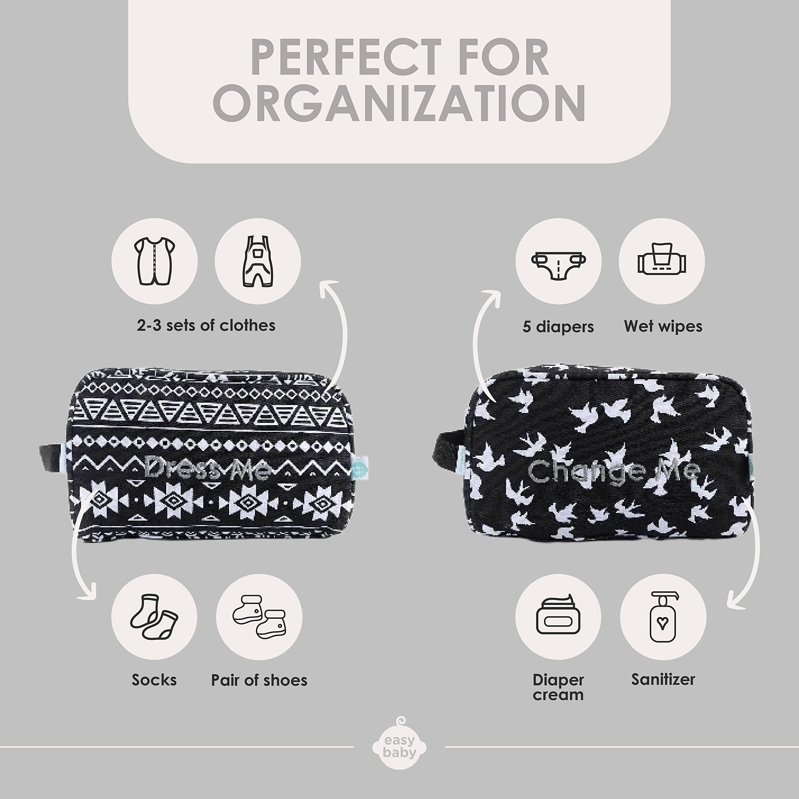 Easy Baby - Diaper, Bottle, and Supplies - Organizer Pouches - Change, Feed, and Dress Me 4 Pack Brooklyn  Organizing Packing Tote Cubes for Baby Items  Good for Travel and Keeping Organized