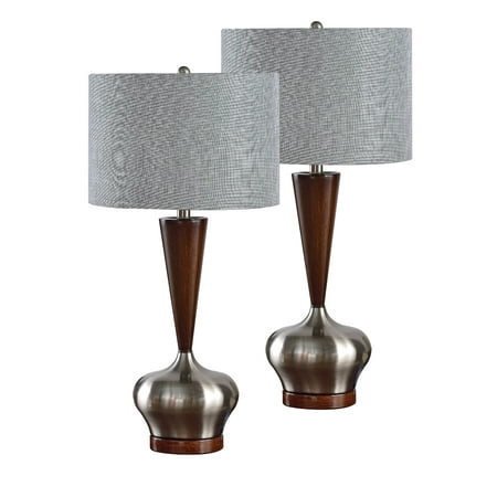 Ayana Table Lamp Set, Brushed Nickel Metal Base, Walnut Body & Silver Fabric Drum Shade, Contemporary, (Set Of