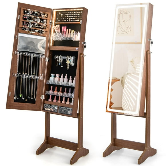 Giantex Full Length Dressing Mirror Jewelry Cabinet, Large Capacity Freestanding Lockable Jewelry Armoire, Walnut