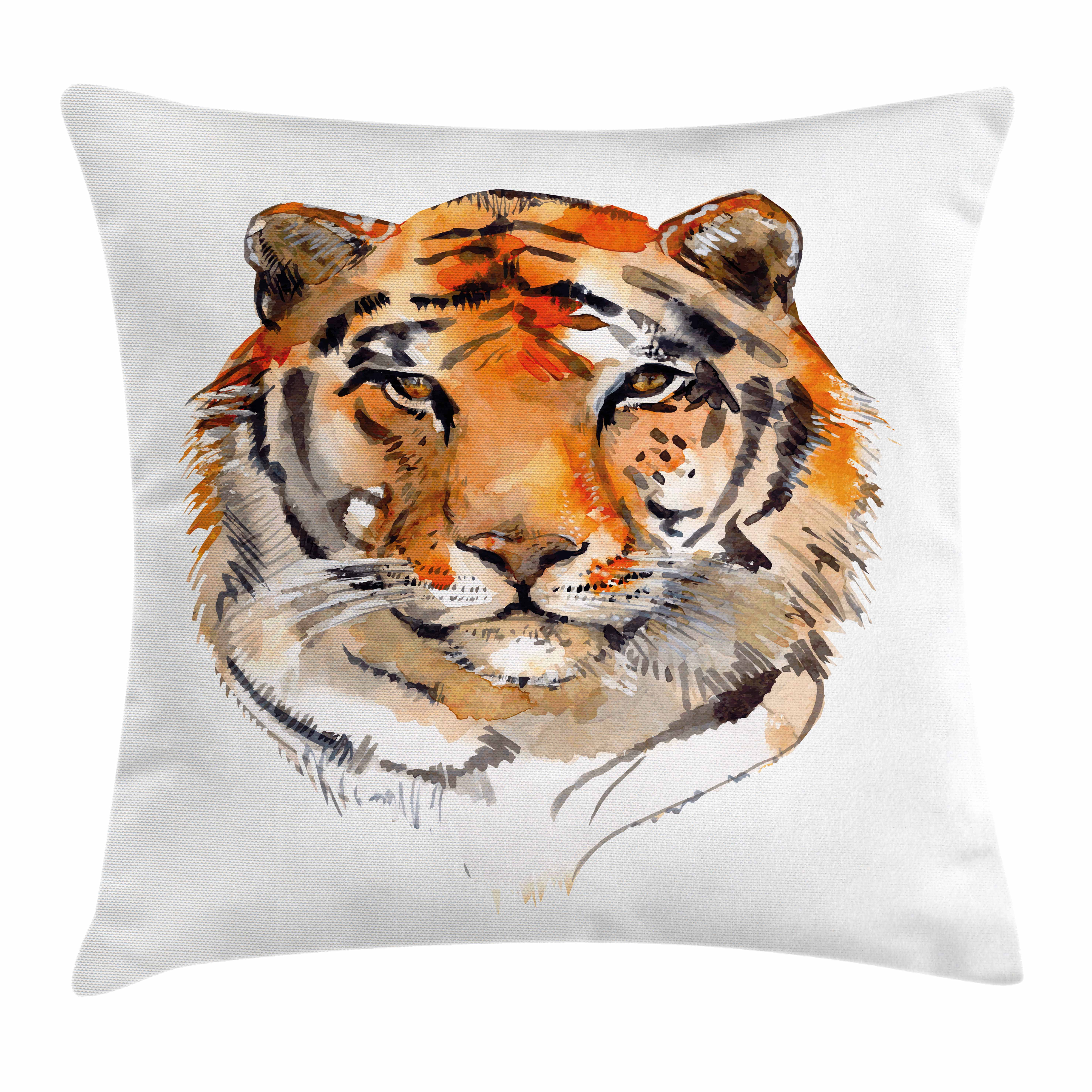 Tiger Throw Pillow Cushion Cover, Feline Animal with Calming Stare Hand