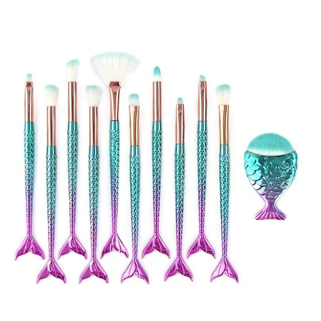 Mermaid Brush Set, 11 Pcs Mermaid Makeup Brush Set Contouring Foundation Powder Cream Eyebrow Eyeliner Blush Cosmetic Concealer Brush Kit