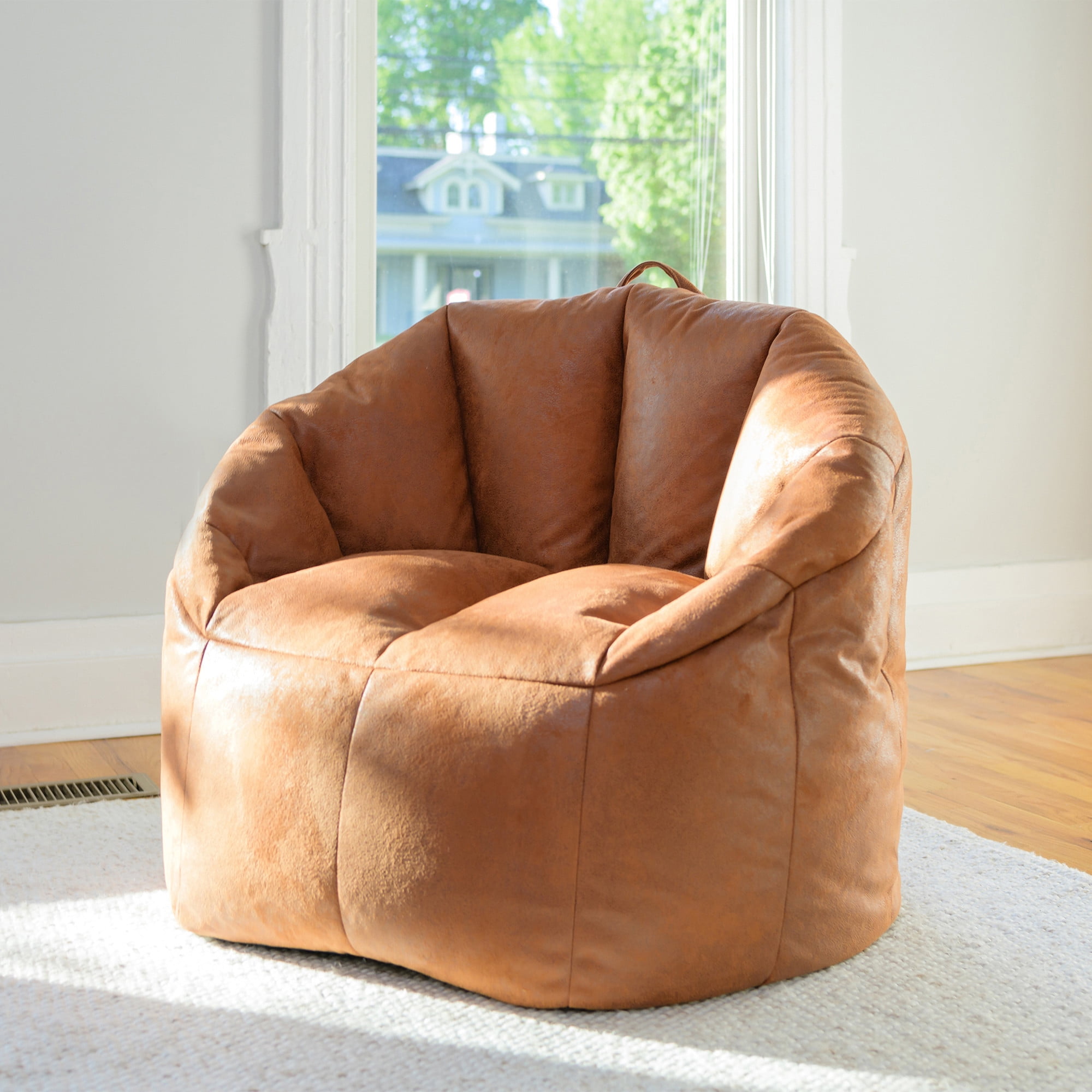 Big Joe Joey Large Bean Bag Chair for Kids/Teens, Faux Leather Lounge Chair with On-The-Go Handle, Camel