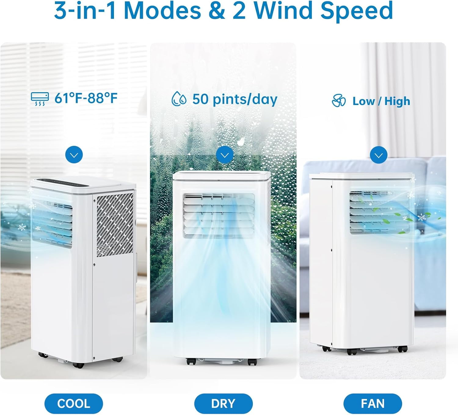 8,000 BTU Portable AC Unit, 3-in-1 Indoor Air Conditioner with Remote, 24H Timer & Sleep Mode, Standing AC with 2 Wind Speeds for Small Rooms/Offices