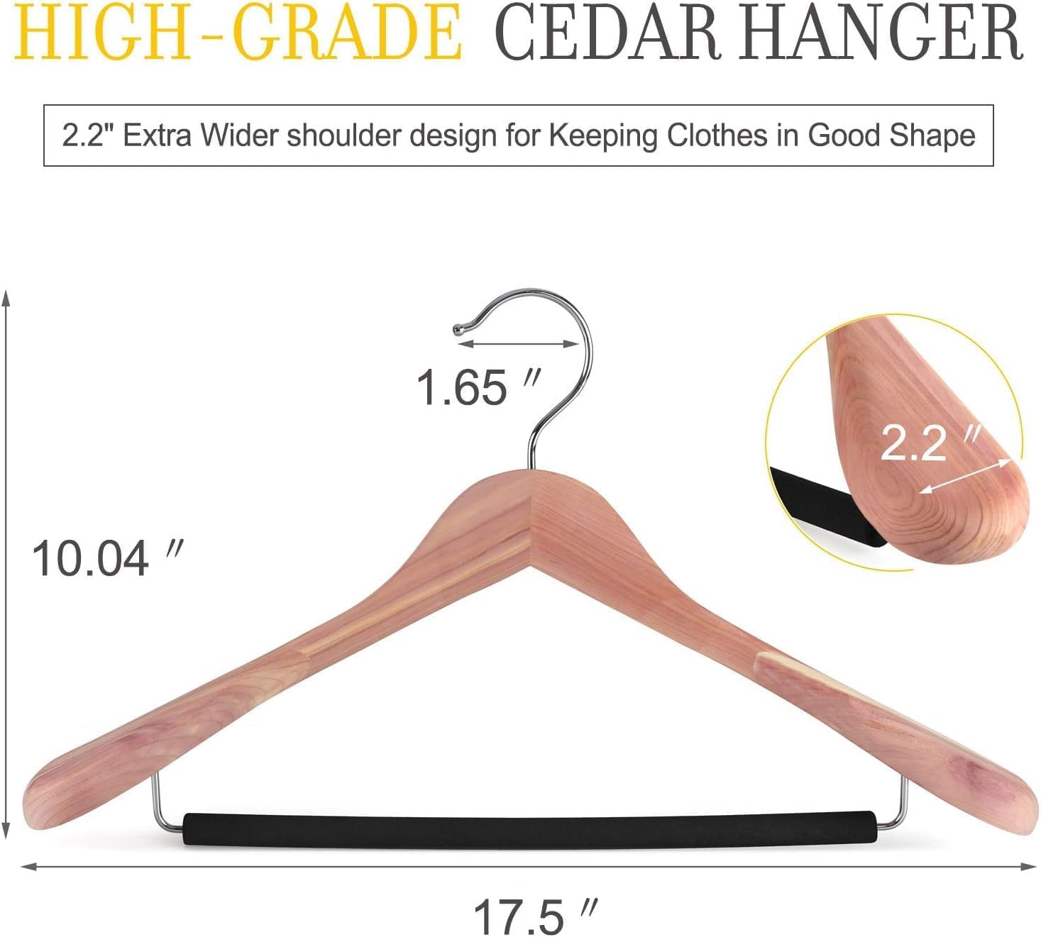 Wide Shoulder Cedar Wooden Hangers 8 Pack, Luxury Wood Suit Coat Hangers with Black Padded Pant Bar and 360 °   Swivel Chrome Hook, Natural Finish