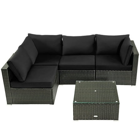 YYAo Patio Seating Sets,Outdoor Living Room Sets,5 Pieces Cushioned Patio Rattan Furniture Set with Glass Table-Black