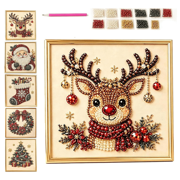 DIY Christmas Pearl Diamond Painting Art Kit with Frame, Christmas Ornaments for Adults, Relaxing & Beginner-Friendly Pearl Diamond Painting Hanging Kit for Home Wall Decor D