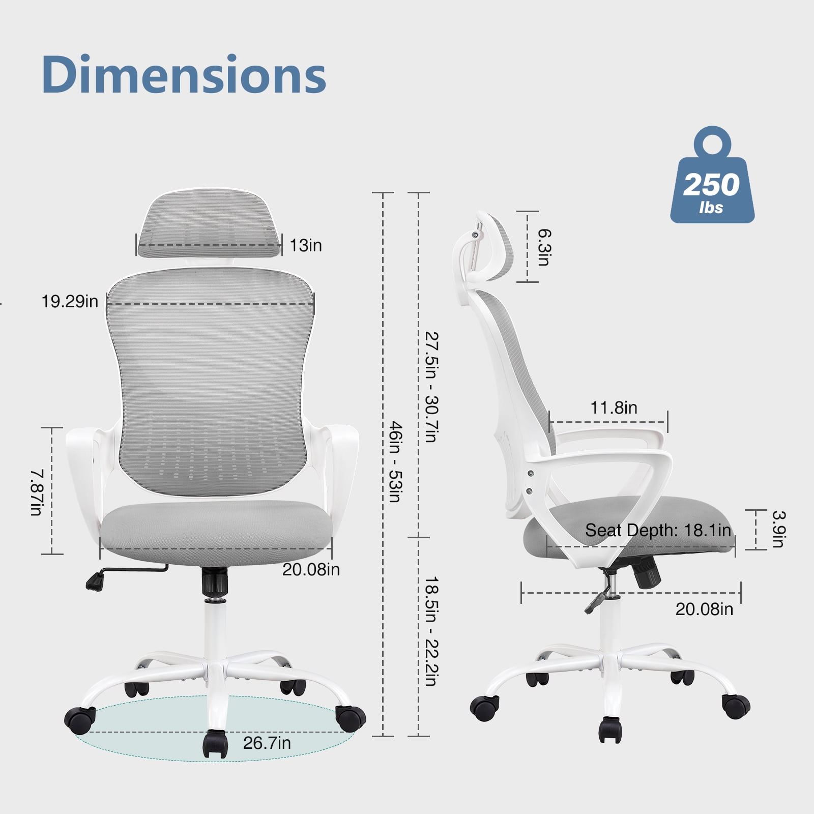 CONCETTA Ergonomic Mesh Office Desk Chair with Adjustable Headrest, Lumbar Support and Fixed Armrests, Gray