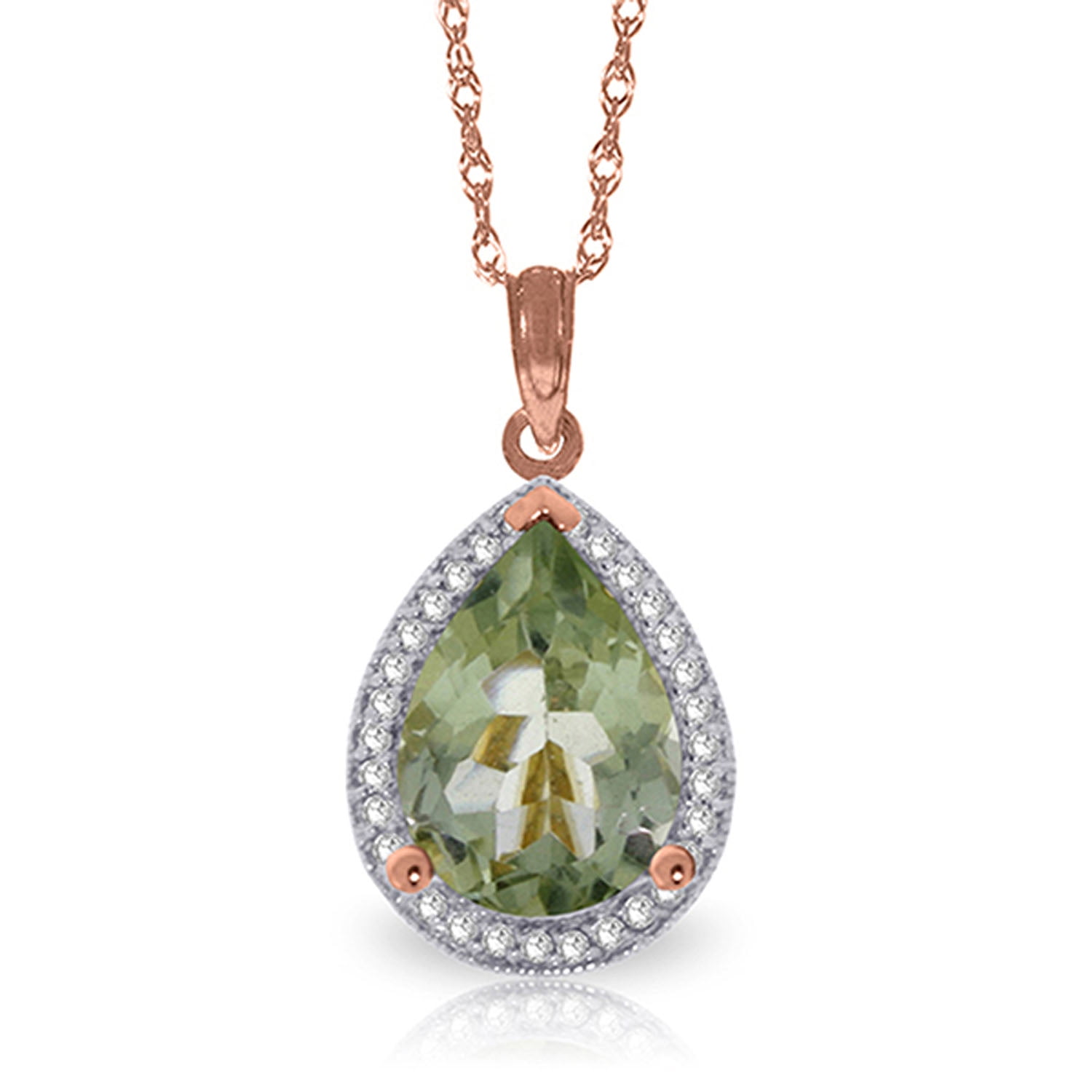 Galaxy Gold 14K Solid Gold Natural Diamond & Green Amethyst Pear Drop Necklace for Women - Rose Gold Fine Jewelry
