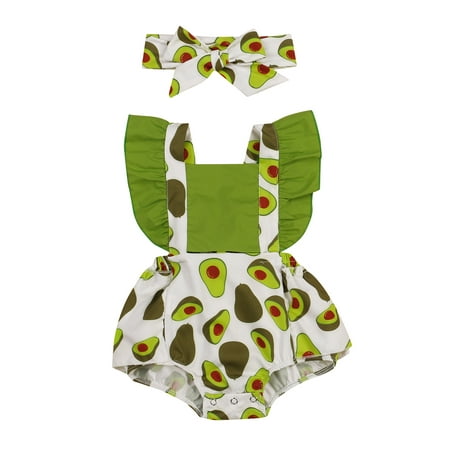 

Baby Girl Avocado/Strawberry/Corn Print Fly Sleeve Romper + Bowknot Headband