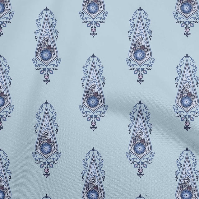 oneOone Rayon Grayish Blue Fabric Asian Floral Block Sewing Material Print Fabric By The Yard 56 Inch Wide