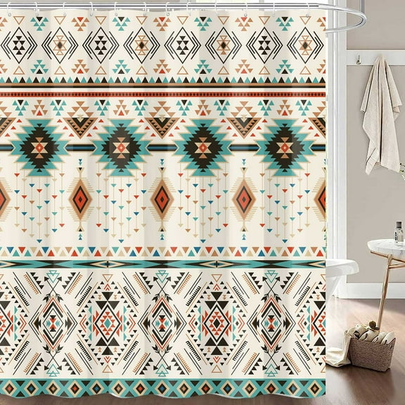 Southwestern  Shower Curtain for Bathroom, Western Tribal  Ethnic Abstract Triangular Geometric Vintage Bath Curtains, Boho Fabric Bathroom Decor Set with Hooks, 72x72 Beige