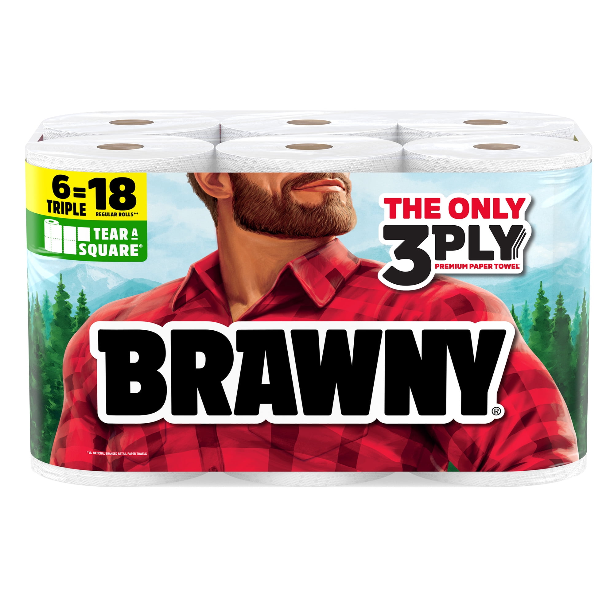Brawny Tear-A-Square 3-Ply Paper Towels, 6 Triple Rolls, 114 Sheets per Roll