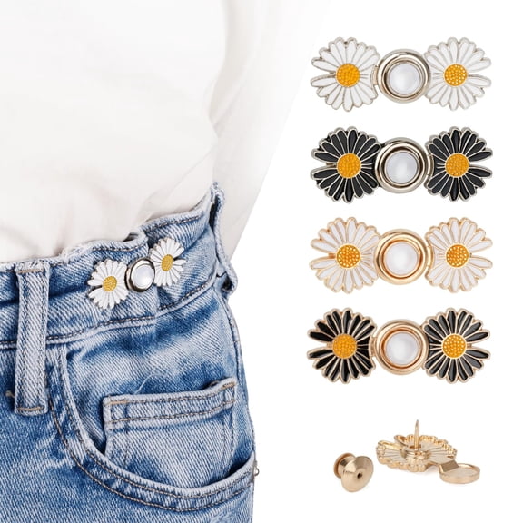 4 Sets Daisy Flower Pants Tightener, No Sew Adjustable Detachable Jean Fasteners