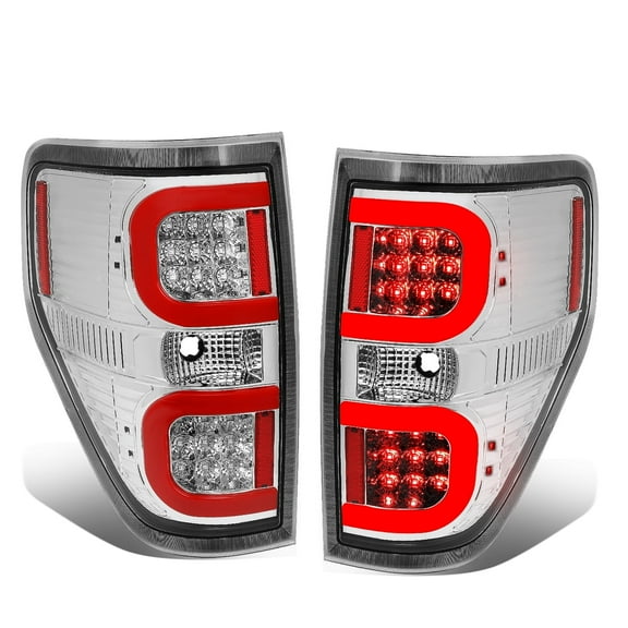 DNA Motoring For 09-14 Ford F150 Dual LED Red C-Tube Bar Chrome Clear Tail Light Brake Lamps Pair