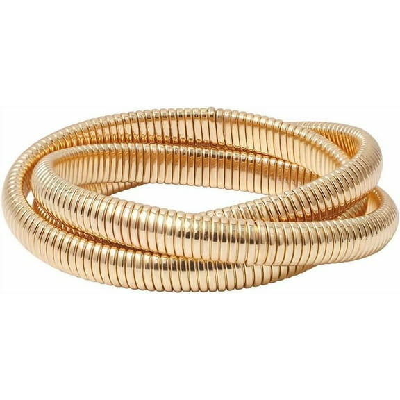 Gold Bangle Bracelets Set 3Pcs Stackable Flexible Wide Wristband Bangle Layered for Women Gold Chunky Stretch Snake Chain Bangle Bracelets-gold3