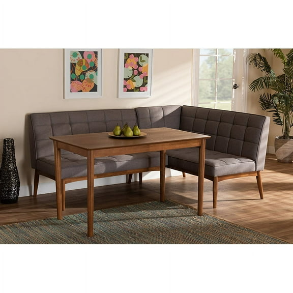 Baxton Studio Sanford Mid-Century Modern Grey Fabric Upholstered and Walnut Brown Finished Wood 3-Piece Dining Nook Set