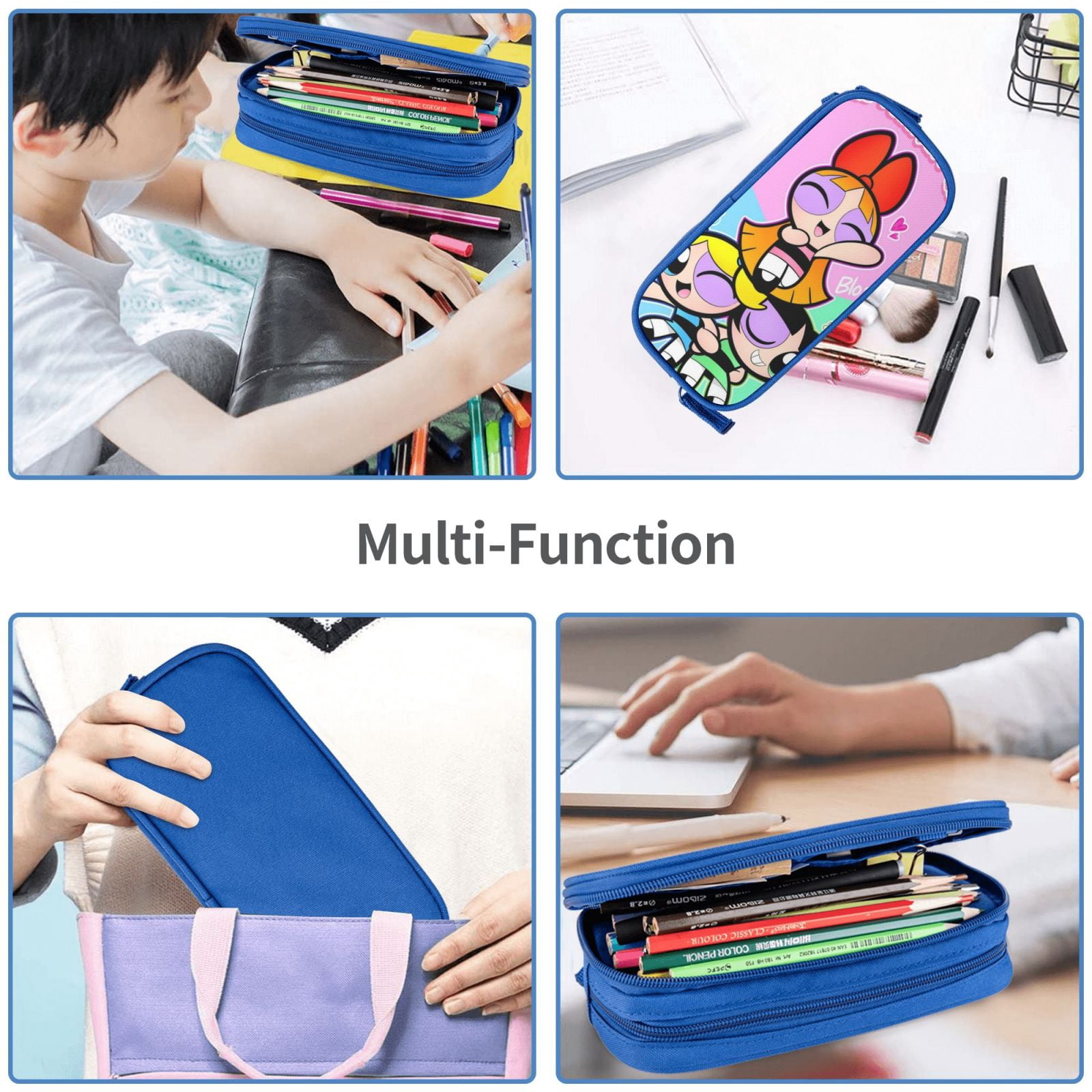 The Powerpuff Gi-rls Pencil Case Large Capacity Pencil Pouch Penbag Office Stationery Organizer Travel Makeup Bag Blue