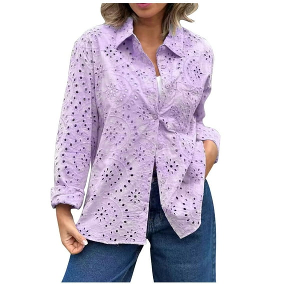 Womens Long Sleeve Shirts Button Up Plus Size Polka and Linen Buttoned Round Neck Loose and Comfortable Long Sleeved Top