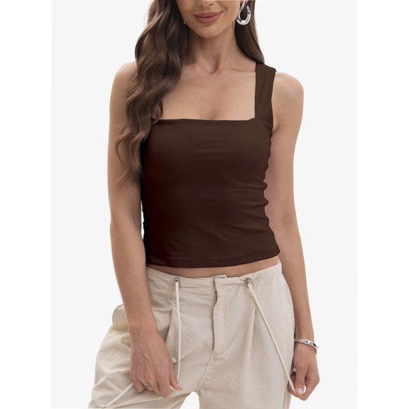 Women's Tank Top Square Neck Sleeveless Basic Double Lined Slim Fitted Top
