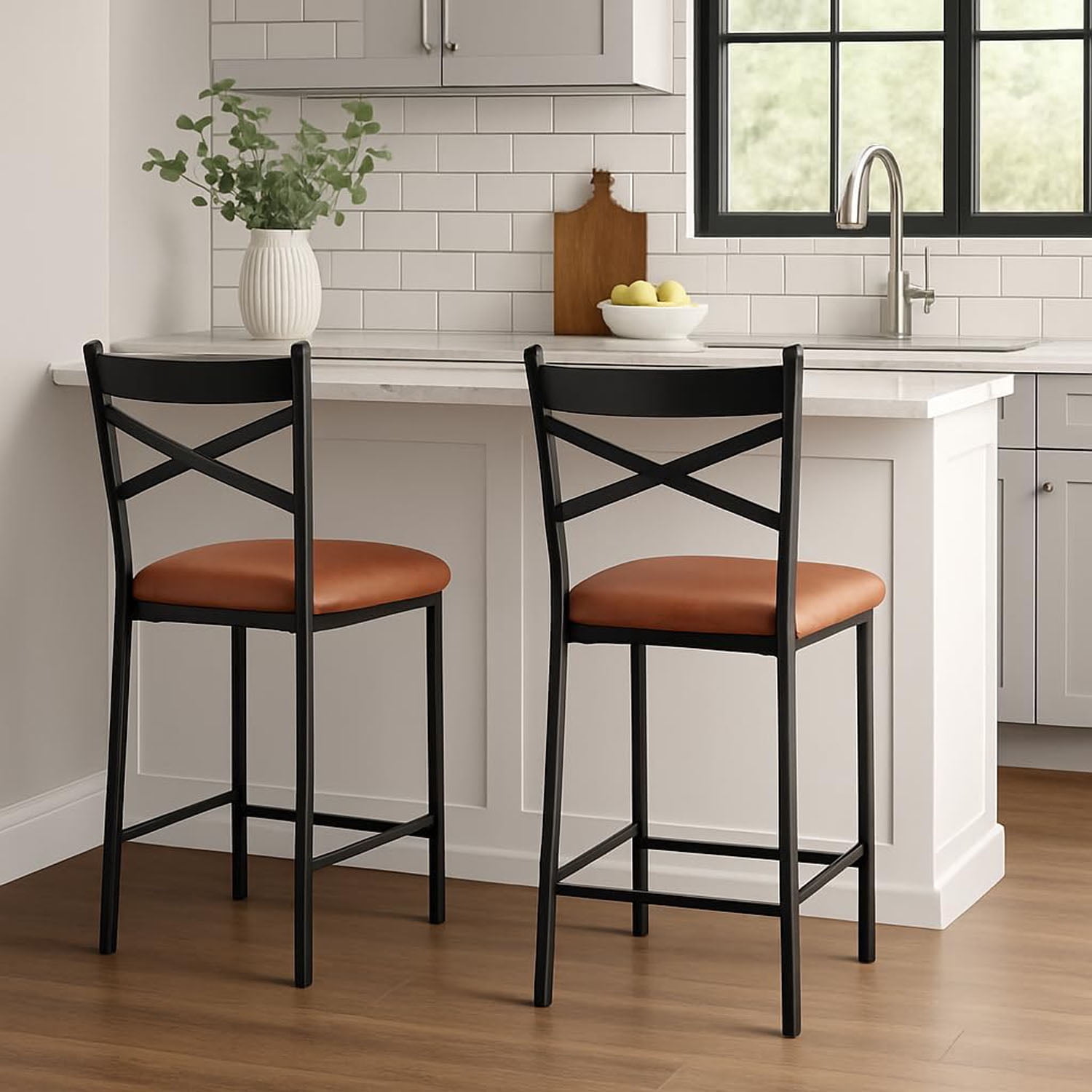 Studyset Bar Stools Set of 4, Black Bar Stools Set of 4 with X-Shaped Backrest and Metal Footrest, Metal Bar Stools Set of 4, Barstools Set of 4 for Dining Room, Coffee Shop