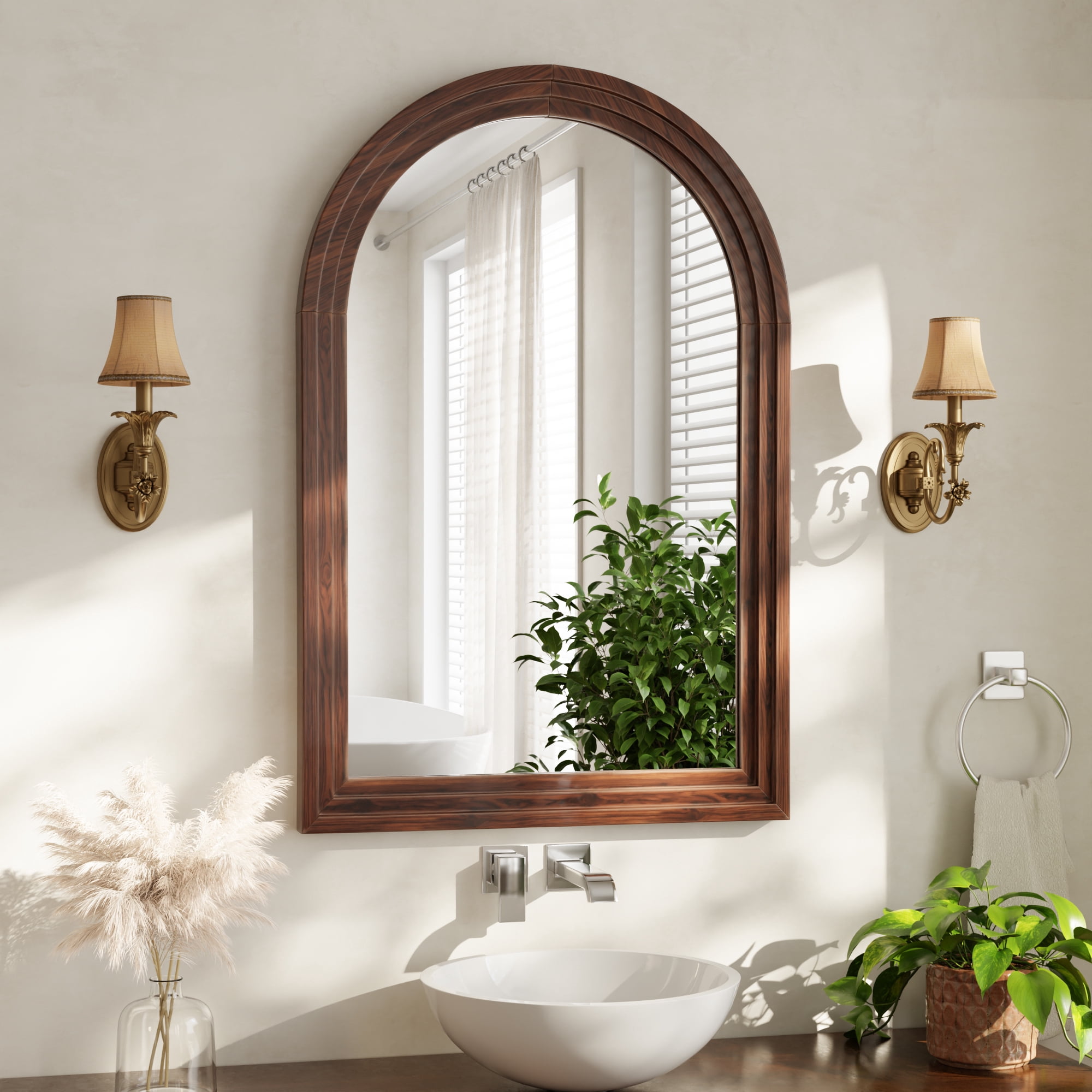 Mirrasia 30"x 40" Arched Vanity Mirror Decor Wall Mirror with Solid Wood Frame, Brown