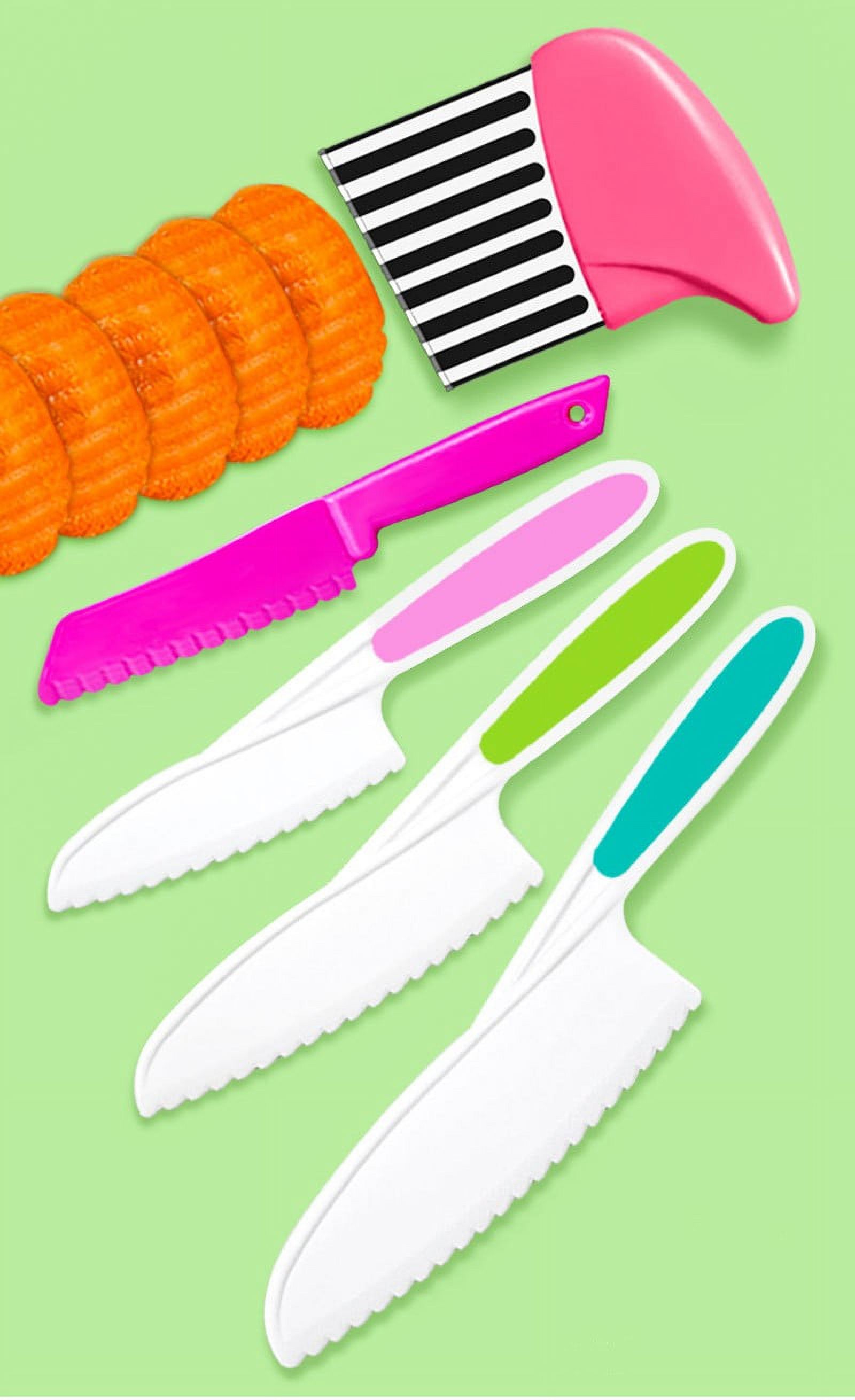 5 Pcs Kids Knife Set, Kids Safe Cooking Knives, Nylon Kids Kitchen Knife  with Crinkle Cutter, Serrated Edges Plastic Toddler Knife Kids Knives for