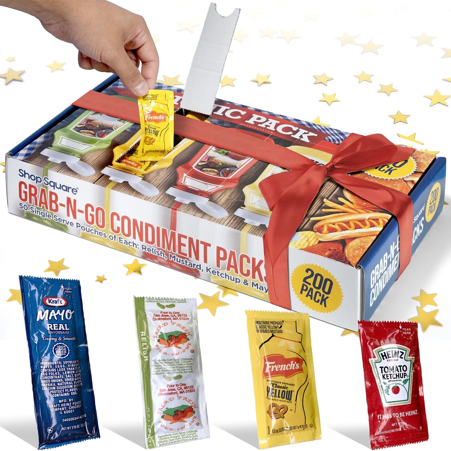 Grab-n-Go Condiment Packs - 200 Count, Ketchup, Mustard, Relish, and Mayo - Great for Picnics, Boxed Lunch, BBQ, Travel, Picnic and Parties (50 Each)