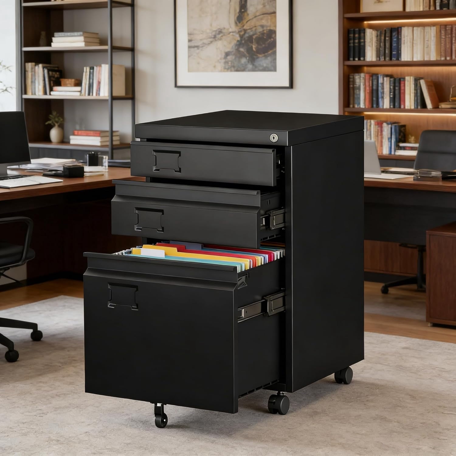 3 Drawer File Cabinet with Lock, Heavy Duty Metal Mobile Filing Cabinet for Home Office, Under Desk Storage with Name Holder, Fits Legal/Letter/A4
