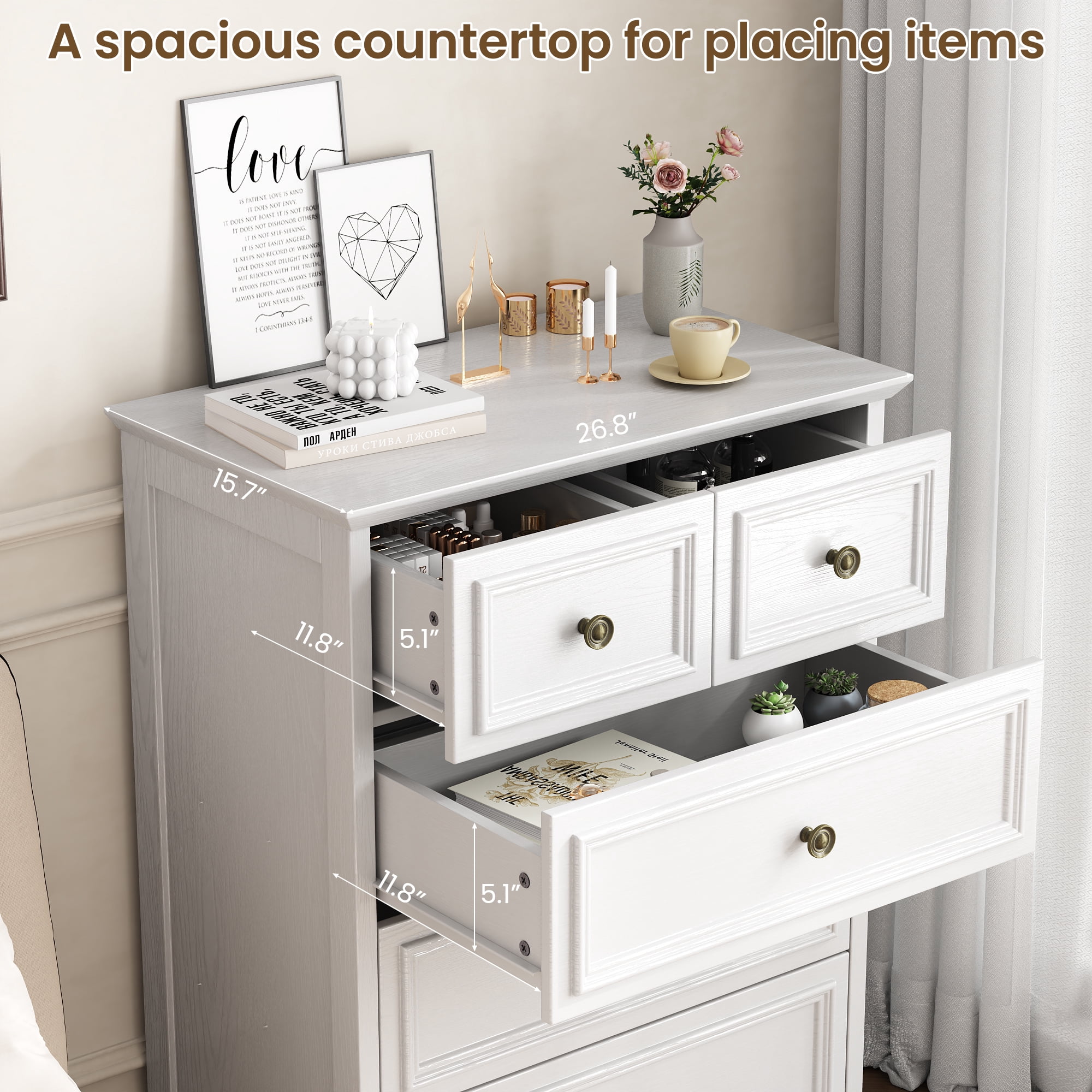 IDEALSOUL 5 Drawer Dresser for Bedroom, White Rustic Style Chest of Drawers, Retro Style 5 Drawer Dresser for Bedroom, Living Room, Bathroom