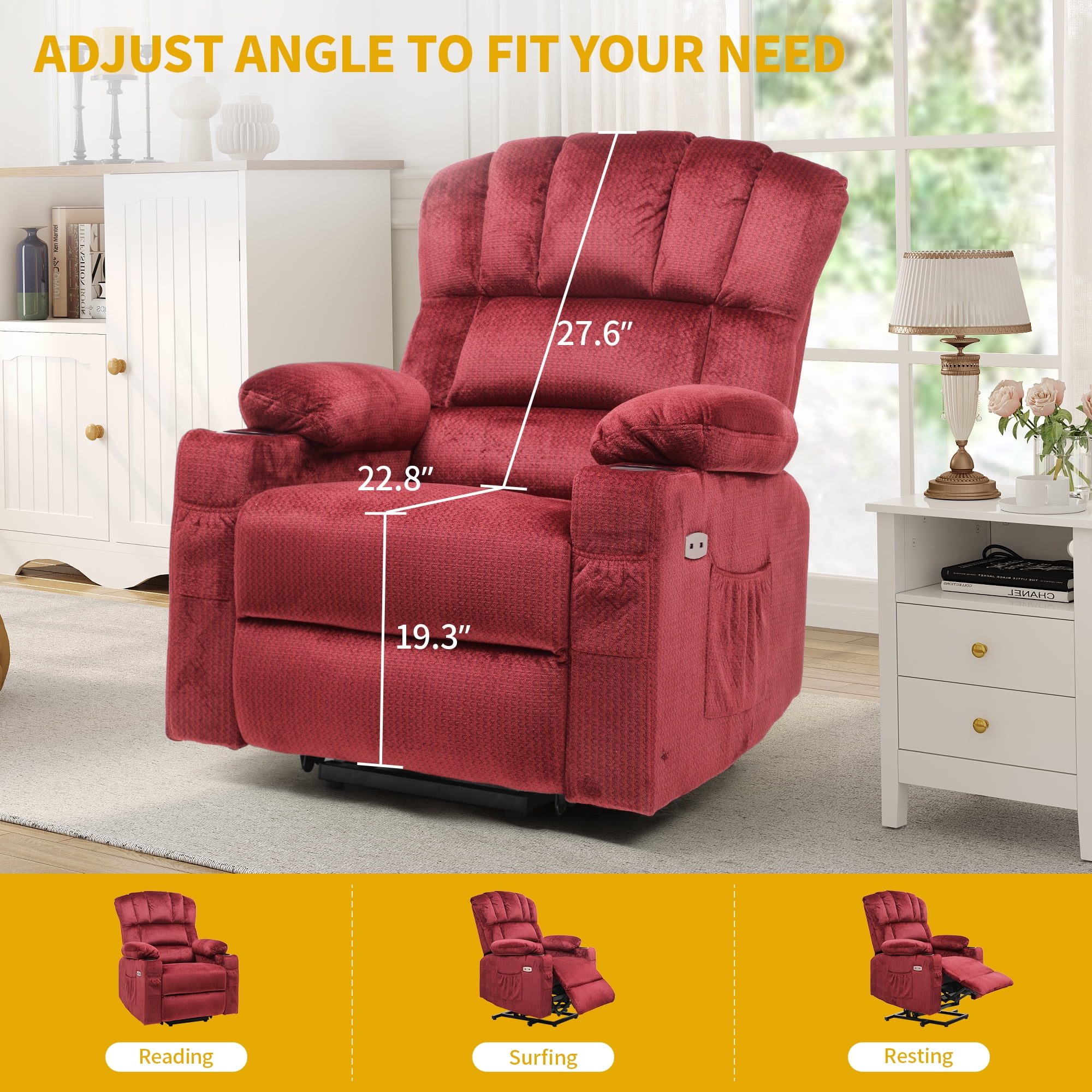 Dextrus Power Lift Recliners Chair for Elderly with Heat and Massage Electric Recliner Chair for Living Room, 2 Cup Holders, Front and Side Pockets, Remote Control - Red