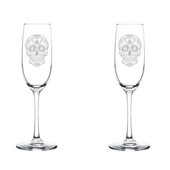 Set of 2 Glass Champagne Flutes Sparkling Wine Glasses Sugar Candy Skull (8 oz Stemmed)