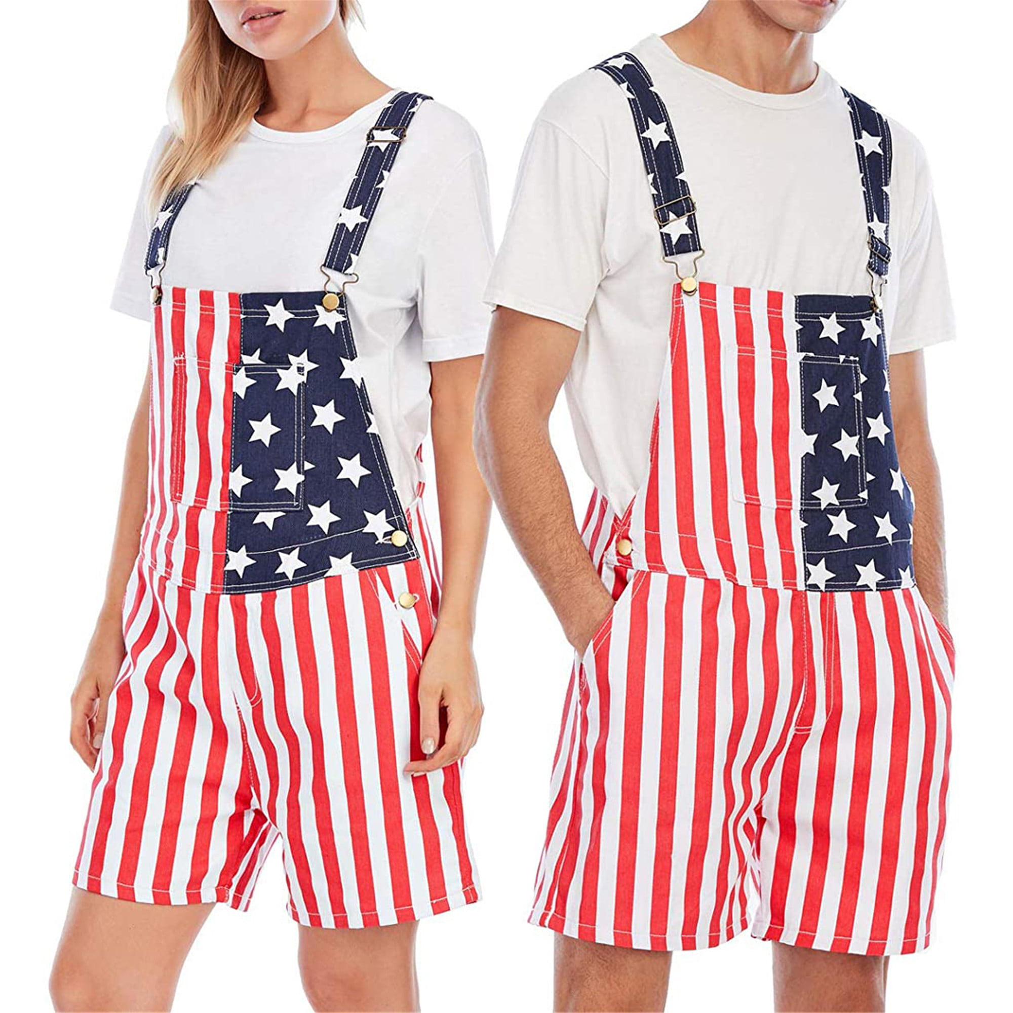 YXLUOKY Unisex Mens Womens Patriotic American Flag Print Denim Bib Overall Shorts Jeans 