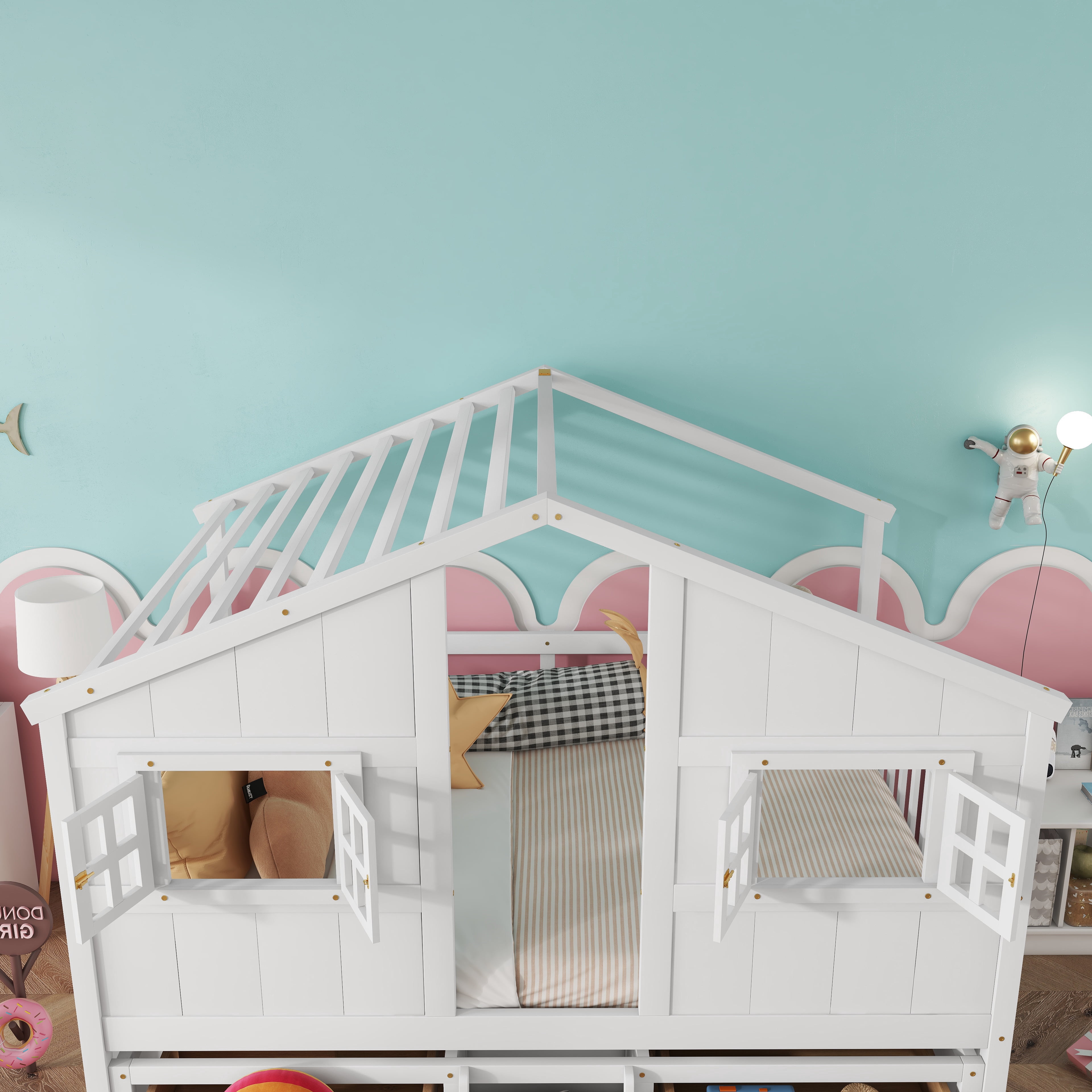 Aukfa Full Size House Bed Frame with 4 Storage Drawers, Wood Low Loft Playhouse Bed with Roof and Fence for Kids, Boys, Girls, and Teens, White