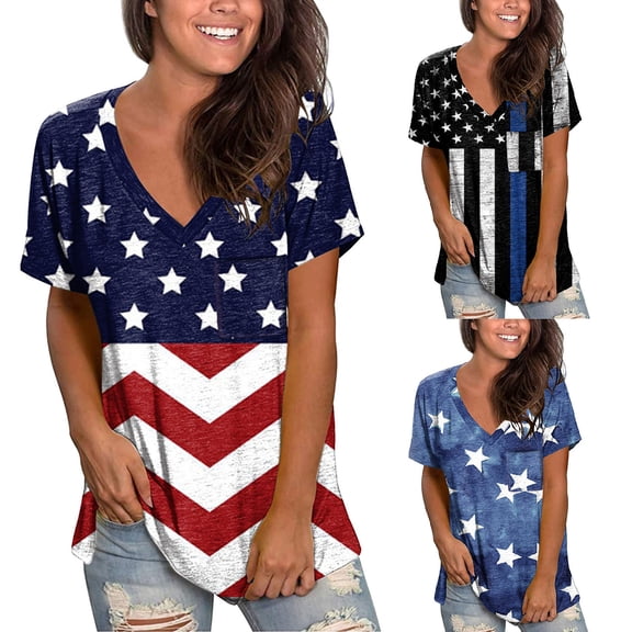 Trendfront Womens Pocket American Flag T-Shirt 4th of July Independence Day Casual V-Neck Tee Short Sleeve Holiday Summer Tops